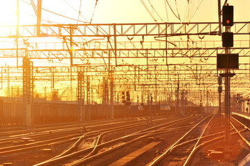 Railway station landscape in sunset with many tracks, transportation and logistic system, high...