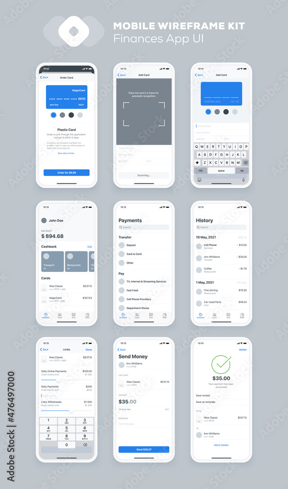 Poster mobile app design. ui ux wireframe kit for smartphone. new os screens.