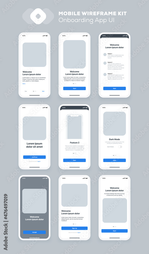 Poster mobile app design. ui ux wireframe kit for smartphone. new os screens.