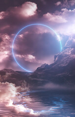Clouds. Fantasy night landscape with mountains and clouds reflected in the water. Neon blue circle....