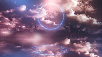 Clouds. Fantasy night landscape with mountains and clouds reflected in the water. Neon blue circle. Abstract islands, stones on the water. Dark natural scene. Neon space planet. 3D illustration. 
