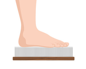 Sadhu board with human foot. Feet standing on nails bed. Yoga exercise and spiritual meditation practice desk. Alternative medicine and treatment vector eps illustration. Side view