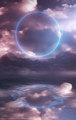 Clouds. Fantasy night landscape with mountains and clouds reflected in the water. Neon blue circle. Abstract islands, stones on the water. Dark natural scene. Neon space planet. 3D illustration. 