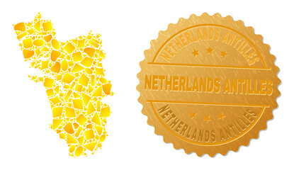 Golden composition of yellow for Goa State map, and golden metallic Netherlands Antilles seal. Goa State map composition is organized of random gold spots.
