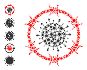 Barbed coronavirus zone mosaic icon. Vector mosaic made from scattered bacterium icons. Virus collage barbed coronavirus zone icon and more icons. Barbed coronavirus zone collage for medical images.