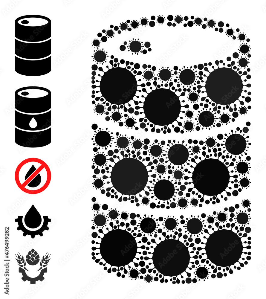 Poster barrel mosaic icon. vector mosaic is made from randomized covid elements. bacterium mosaic barrel ic
