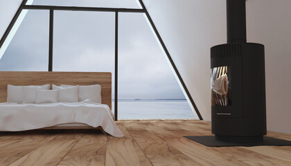 Minimalistic interior of a small contemporary hut with fireplace and bed. Full wall window