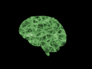 Digital rendering of neural nerves connection in the shape of a human brain on a black background