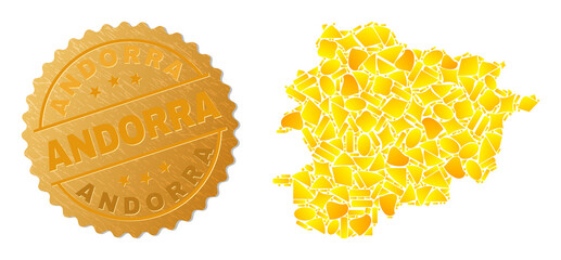 Golden collage of yellow parts for Andorra map, and gold metallic Andorra seal imitation. Andorra map collage is constructed of randomized golden items.