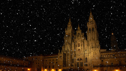 Cathedral of Santiago de Compostela by night during Christmas Eve, Galicia, Spain. - obrazy, fototapety, plakaty
