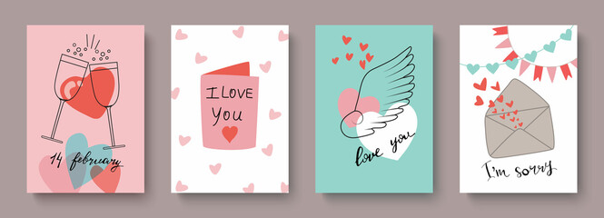 Fototapeta na wymiar A collection of creative cards for Valentine's Day.Hand-drawn inscriptions with hearts, glasses and a love letter. Romantic illustrations are perfect for prints, flyers, posters, holiday invitations