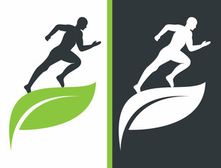 Green leaf runner logo concept design. Physiotherapy treatment concept vector design.