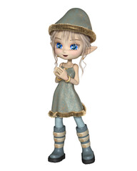 Cute Toon Christmas Elf Girl a Blue Dress and Hat, 3d digitally rendered fantasy illustration
