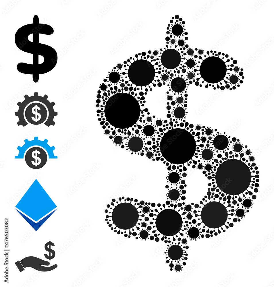 Poster dollar currency mosaic icon. vector mosaic is created with randomized covid-2019 icons. infection mo