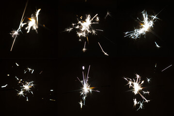 Set of six shots of sparklers isolated on black background; overlay design; fire sparks particles on black background
