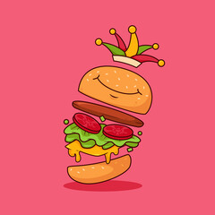 Burger clown cute vector illustration, cute carnival burger