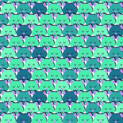 Fototapeta premium Seamless pattern of cute cat's head icons. Easter symbol. Cartoon kitten animal of blue pastel colors on white background. Kawaii character for cat’s day, baby shower, spring Easter design. 