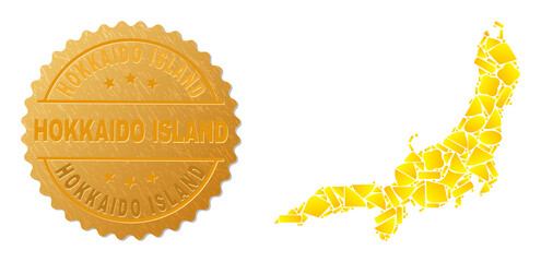 Golden collage of yellow particles for Honshu Island map, and golden metallic Hokkaido Island badge. Honshu Island map collage is done with scattered golden particles.
