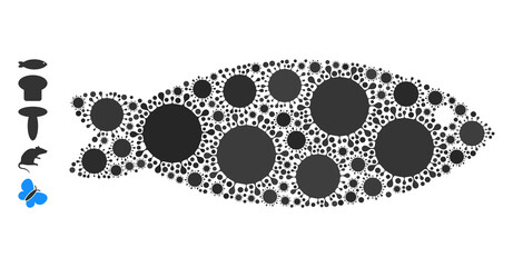 Fish mosaic icon. Vector mosaic organized with scattered bacilla parts. Infection mosaic fish icon, and other icons. Fish mosaic for isolation templates.