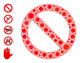 Forbidden mosaic icon. Vector collage constructed from random Covid-2019 icons. Covid collage forbidden icon and more icons. Forbidden collage for pandemic templates.