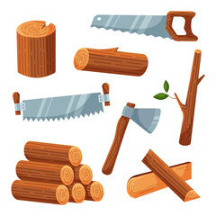 Set of lumber and tools for cutting wood. Collection include ax, hand saw, two-handed saw, wooden logs, stump, firewood and tree branch. Isolated vector illustration in cartoon flat style.