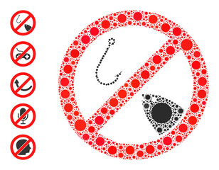 Forbidden fishing mosaic icon. Vector collage is organized of random contagious icons. Covid-2019 collage forbidden fishing icon and more icons. Forbidden fishing collage for pandemic images.