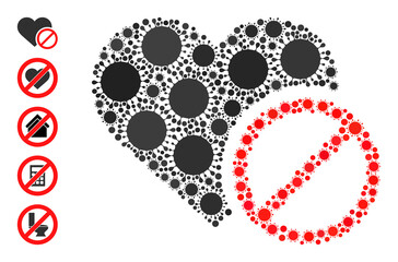 Forbidden love mosaic icon. Vector collage composed with scattered covid icons. Covid-2019 collage forbidden love icon and additional icons. Forbidden love mosaic for breakout images.