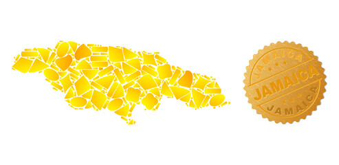 Golden composition of yellow for Jamaica map, and golden metallic Jamaica seal print. Jamaica map collage is organized of random golden spots.