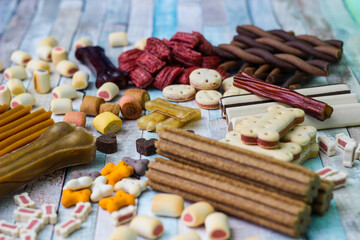 Dog tasty colored biscuits on wooden background