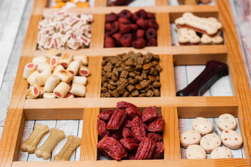 Pet food, snacks for dogs. Dog tasty colored biscuits on wooden background