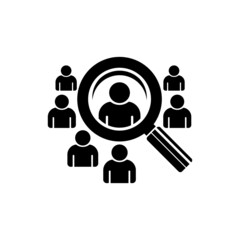 Job search icon. Hiring. Search for the best candidates. Human resources. Selection of people to work in a team. Recruiting personnel for vacancies in the company. Black solid vector icon isolated