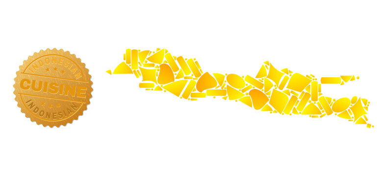 Golden composition of yellow spots for Java Island map, and golden metallic Indonesian Cuisine badge. Java Island map composition is designed with scattered gold spots.