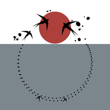 recommend clip art: Round frame, flocks of swallows fly to sun, lightning-fast sun sets in sea. Japanese style pattern on trendy two-tone background. Vector illustration for design banner, invitation, congratulati