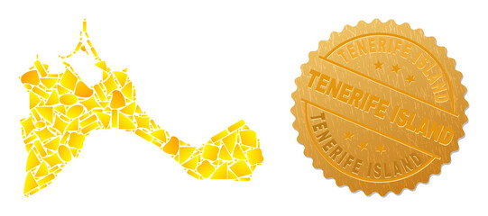 Golden collage of yellow particles for Formentera Island map, and gold metallic Tenerife Island stamp seal. Formentera Island map collage is organized from scattered golden particles.