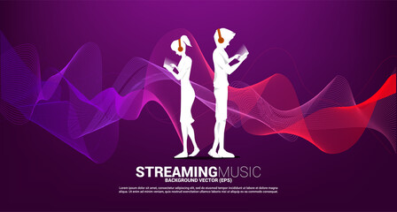 Vector silhouette man and woman with mobile phone and headphone and music sound wave . Concept background for song and concert theme.