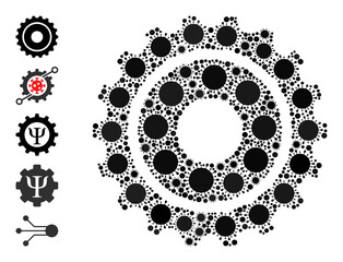 Gearwheel mosaic icon. Vector mosaic composed with randomized virus cell items. Virus cell mosaic gearwheel icon, and similar icons. Gearwheel mosaic for medical templates.