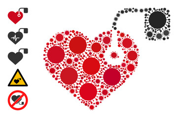Heart pacemaker mosaic icon. Vector mosaic composed of scattered coronavirus icons. Covid-2019 collage heart pacemaker icon and bonus icons. Heart pacemaker mosaic for pandemic images.