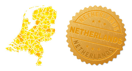 Golden composition of yellow elements for Netherlands map, and gold metallic Netherlands seal. Netherlands map composition is made from random golden elements. - 476505495