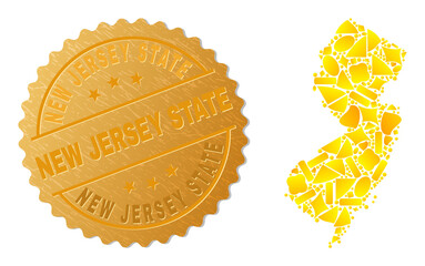 Golden collage of yellow particles for New Jersey State map, and gold metallic New Jersey State stamp seal. New Jersey State map collage is composed with random gold particles.