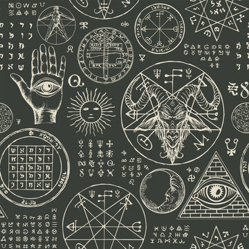 Occult seamless pattern with hand-drawn goat head, all-seeing eye, sun, moon, vitruvian man, satanic and esoteric symbols on a dark backdrop. Abstract monochrome vector background in retro style