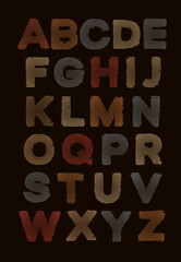 Colored uppercase letters of the English alphabet with a striped texture. Vector set of capital bold Latin letters in retro style on a black background. Stylish and fashionable font design