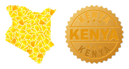 Golden mosaic of yellow fractions for Kenya map, and golden metallic Kenya seal print. Kenya map mosaic is organized of randomized golden parts.