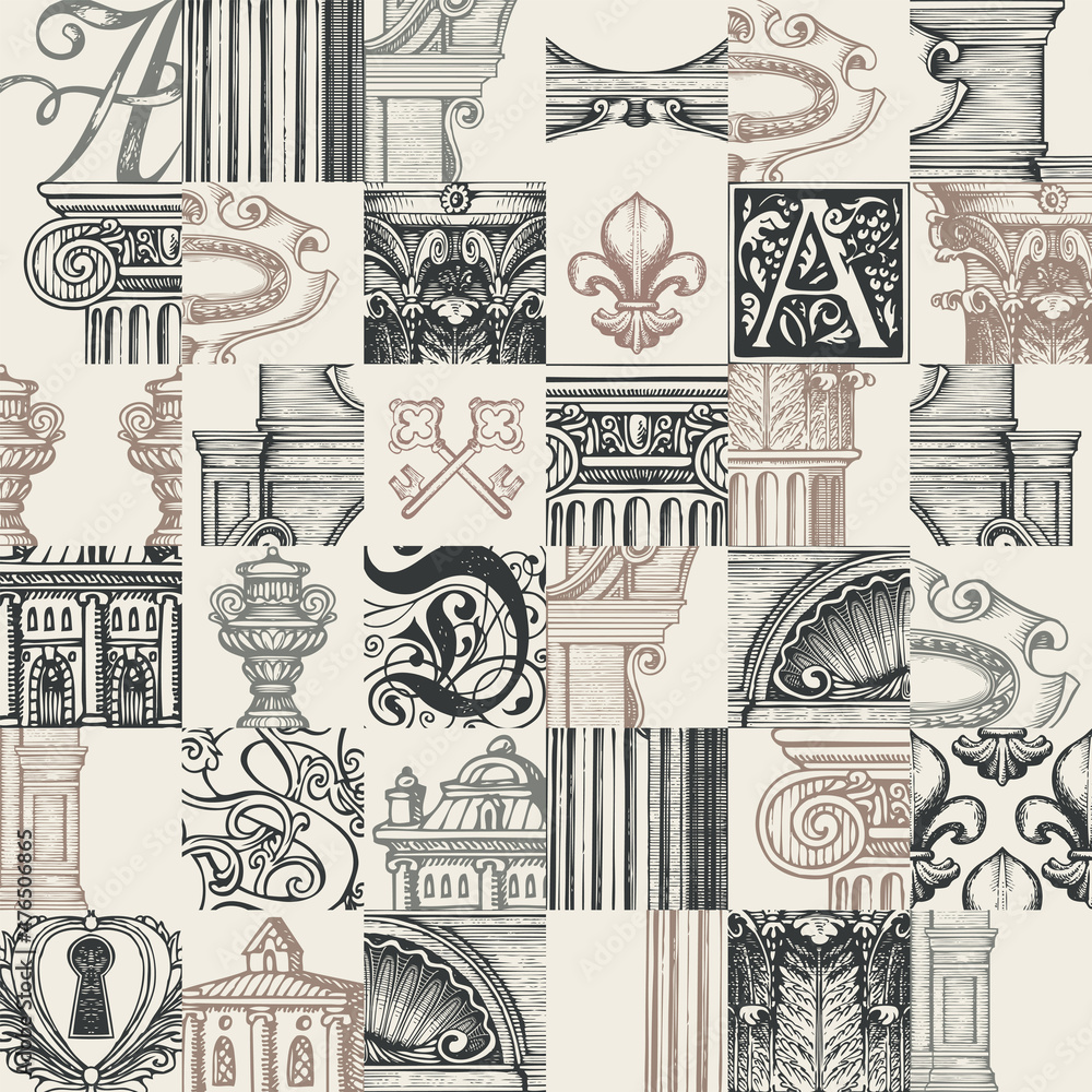 Poster abstract seamless pattern on theme of ancient architecture and art. hand-drawn vector background in 