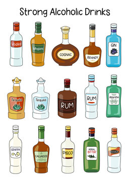 Collection set of classic Strong Alcoholic Drinks. Doodle cartoon hipster style vector A4 A3 poster size illustration isolated on white background. For party card, bar menu, alcohol cook book recipe