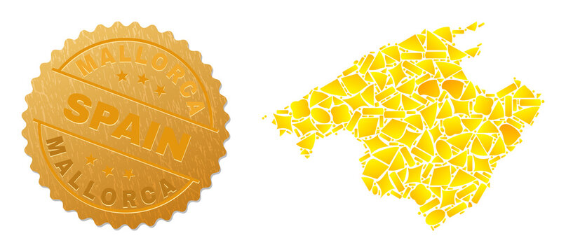 Golden mosaic of yellow spots for Majorca map, and golden metallic Mallorca Spain watermark. Majorca map composition is organized of random golden spots.