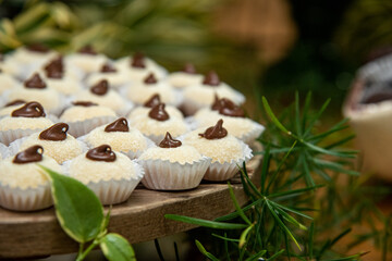 white chocolat ball on a sweet table, condensed milk candy balls, candy balls