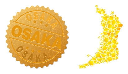 Golden mosaic of yellow particles for Osaka Prefecture map, and gold metallic Osaka seal imitation. Osaka Prefecture map mosaic is formed of scattered golden.