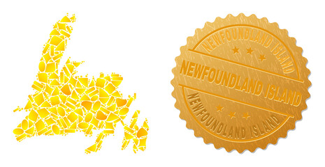 Golden mosaic of yellow fractions for Newfoundland Island map, and golden metallic Newfoundland Island seal imitation. Newfoundland Island map mosaic is composed of scattered golden.