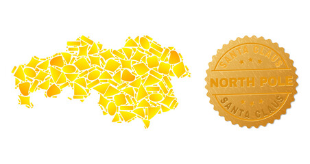 Golden composition of yellow spots for North Brabant Province map, and golden metallic Santa Claus North Pole seal imitation.