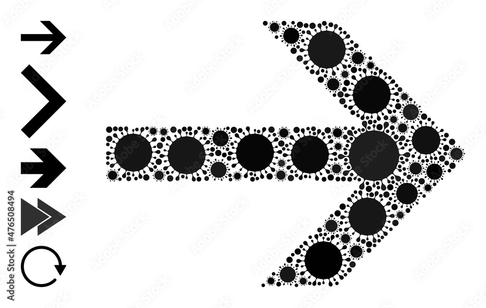 Poster right arrow mosaic icon. vector mosaic done with scattered virus cell icons. virus cell mosaic right